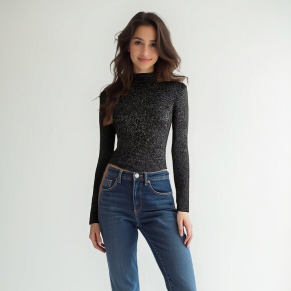 Ellie Tahari Black and Silver Ribbed Turtleneck Sweater S - Picture 1 of 11